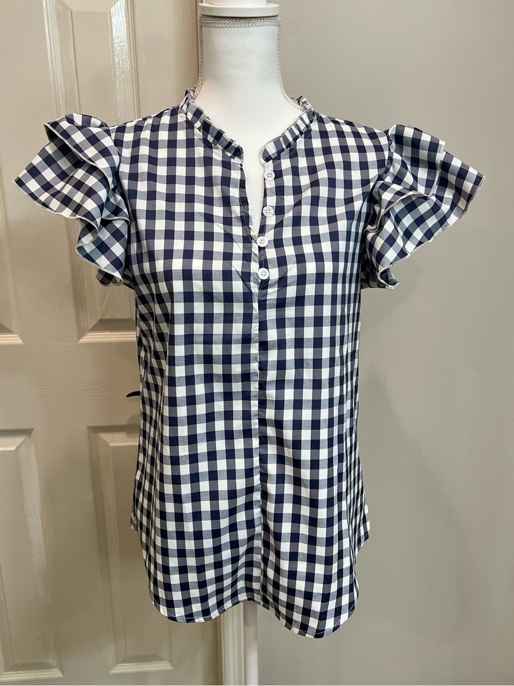 Women's Navy and White Gingham Ruffle Sleeve Blouse